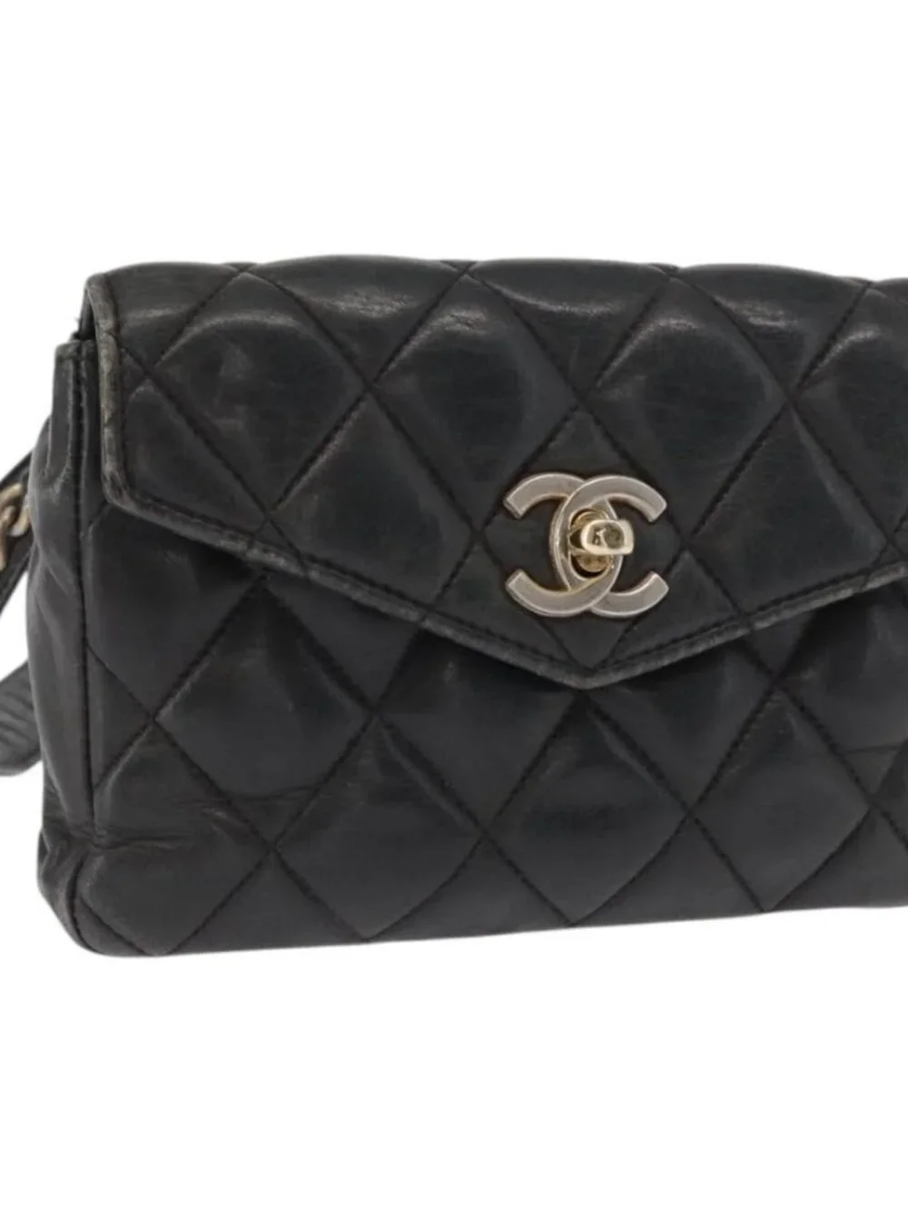 CHANEL Matelasse Waist bag Lamb Skin Black Gold CC Auth am10530